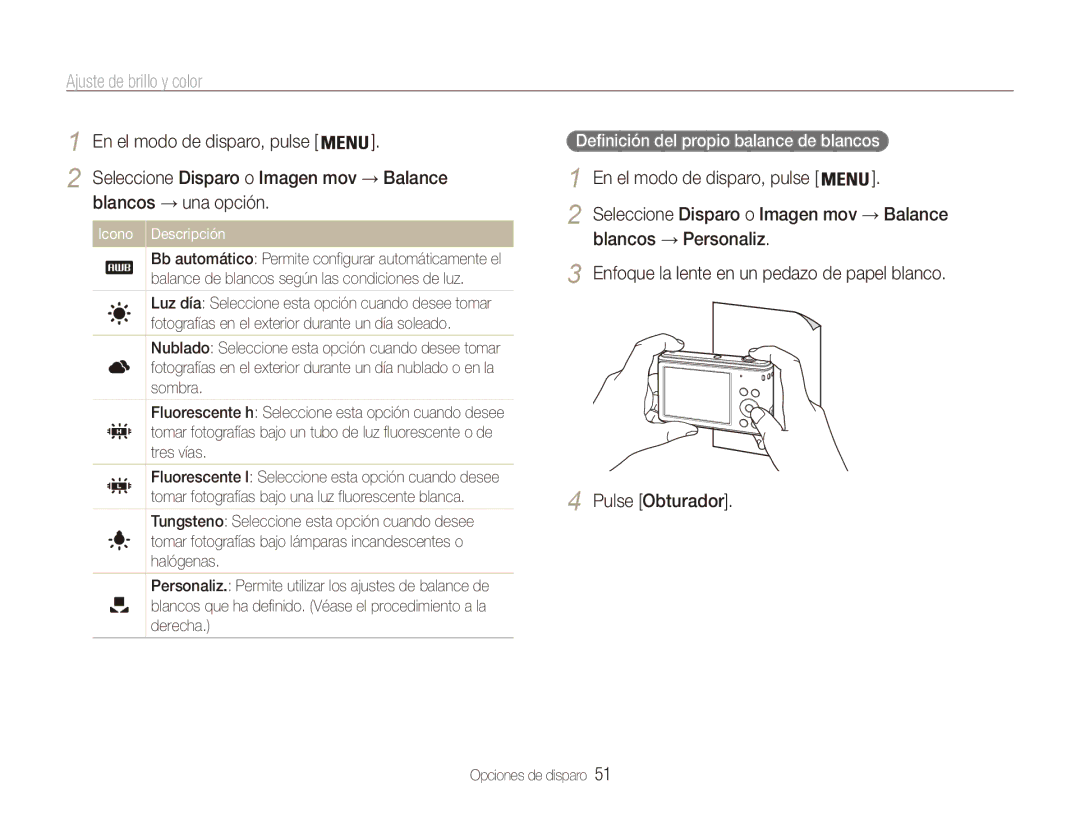 Samsung EC-ES90ZZBPBIL, EC-ES90ZZBPBE1, EC-ES90ZZBPRE1 manual Blancos → una opción, Definición del propio balance de blancos 