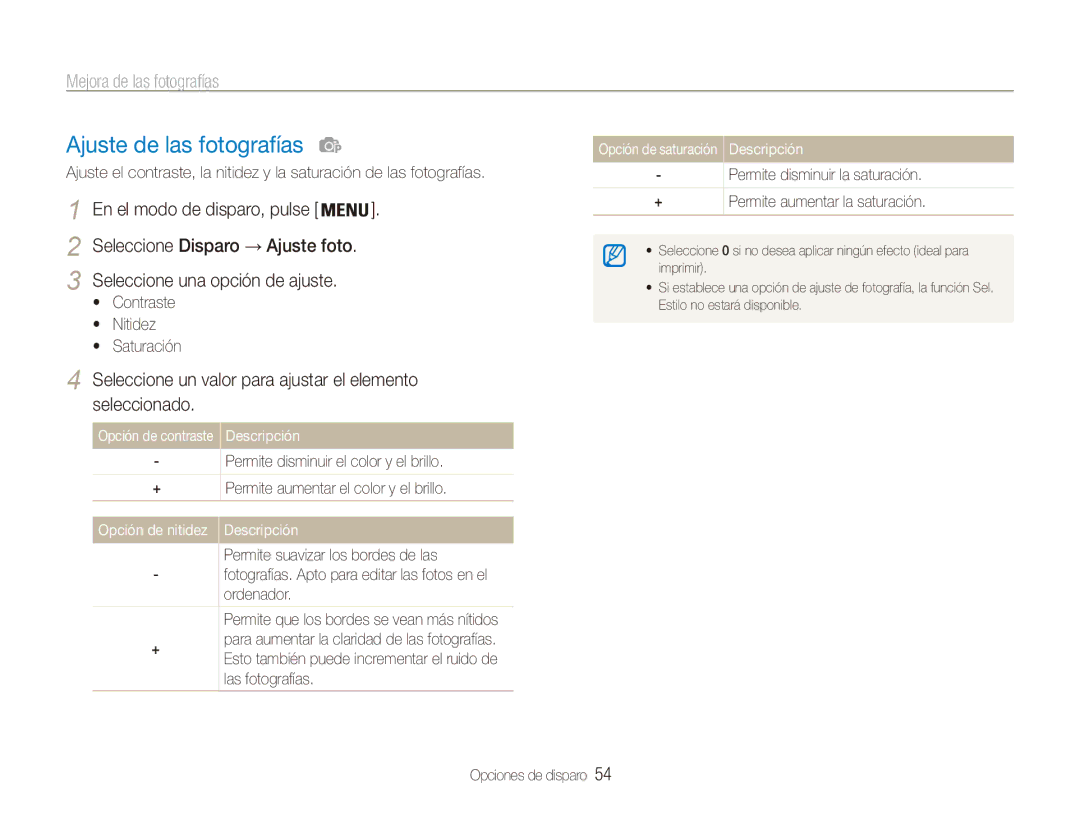Samsung EC-ES90ZZBPRE1 manual Ajuste de las fotografías, Mejora de las fotografías, Seleccione una opción de ajuste 