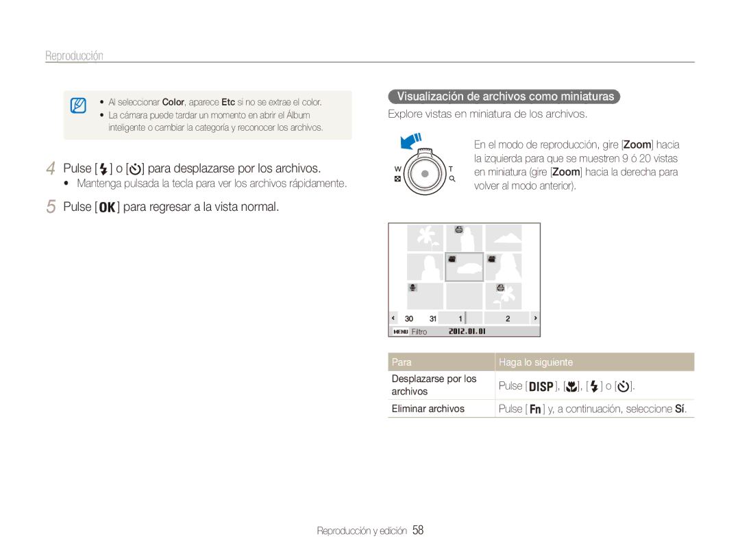 Samsung EC-ES90ZZBPUE1 manual Visualización de archivos como miniaturas, Explore vistas en miniatura de los archivos 