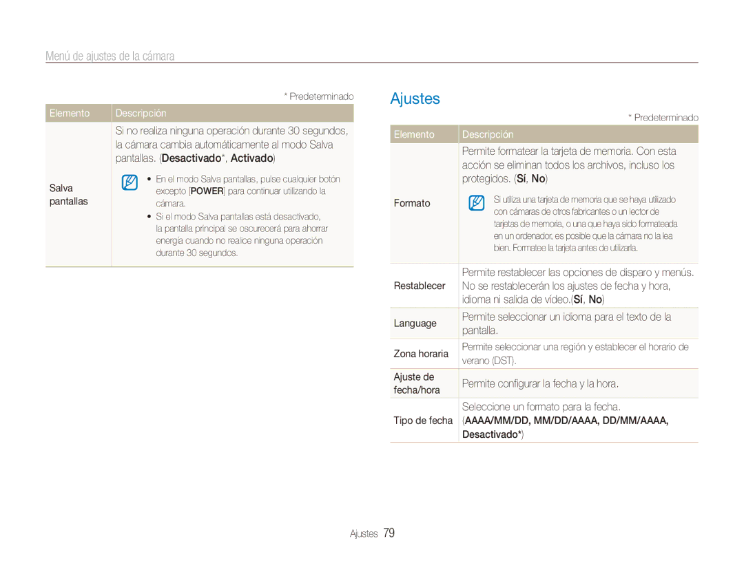 Samsung EC-ES90ZZBPSE1, EC-ES90ZZBPBE1, EC-ES90ZZBPRE1, EC-ES90ZZBPSIL, EC-ES90ZZBPBIL, EC-ES90ZZBPUE1 manual Ajustes, Elemento 