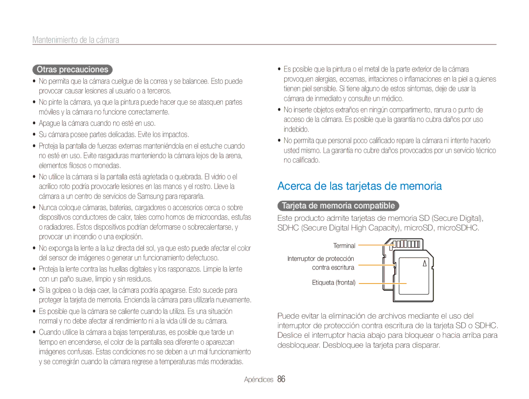 Samsung EC-ES90ZZBPSIL manual Acerca de las tarjetas de memoria, Otras precauciones, Tarjeta de memoria compatible 