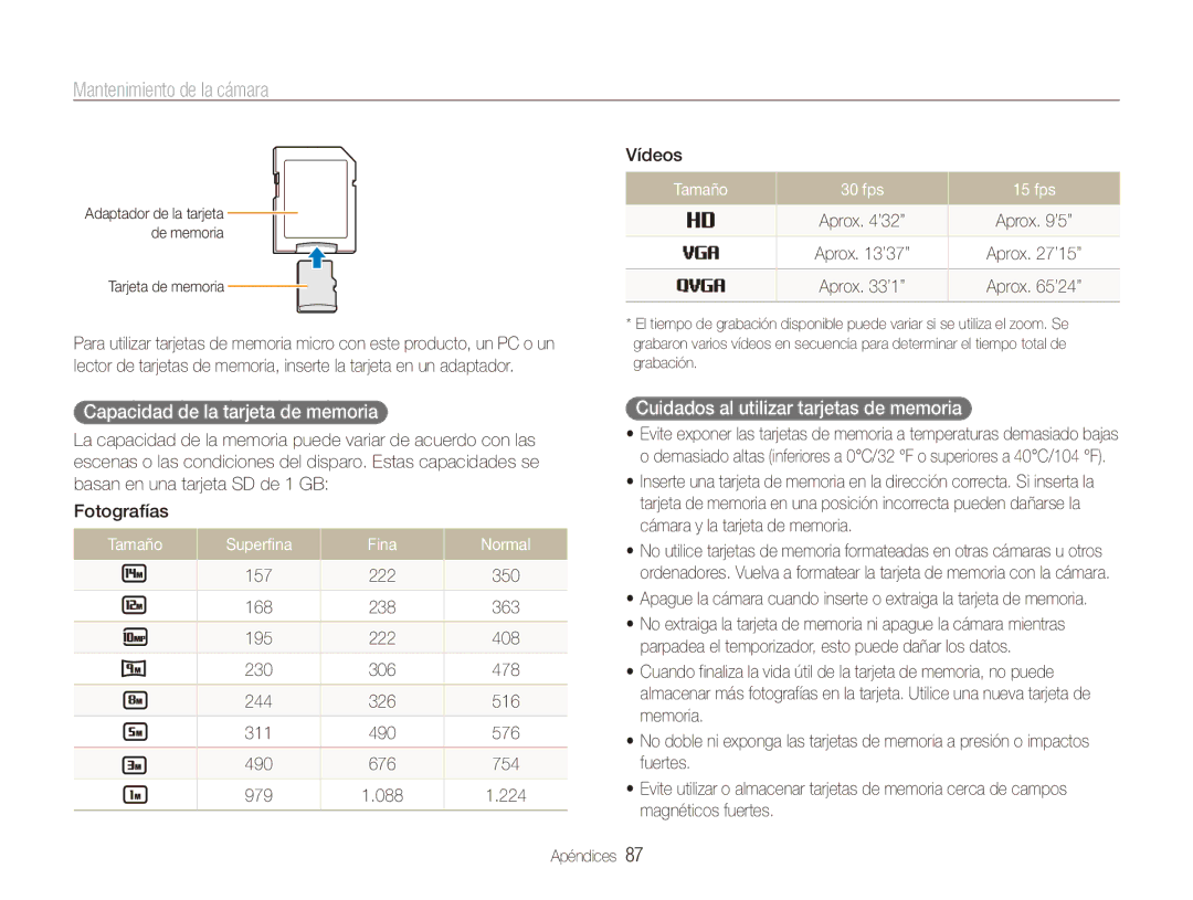 Samsung EC-ES90ZZBPBIL Capacidad de la tarjeta de memoria, Cuidados al utilizar tarjetas de memoria, Tamaño 30 fps 15 fps 