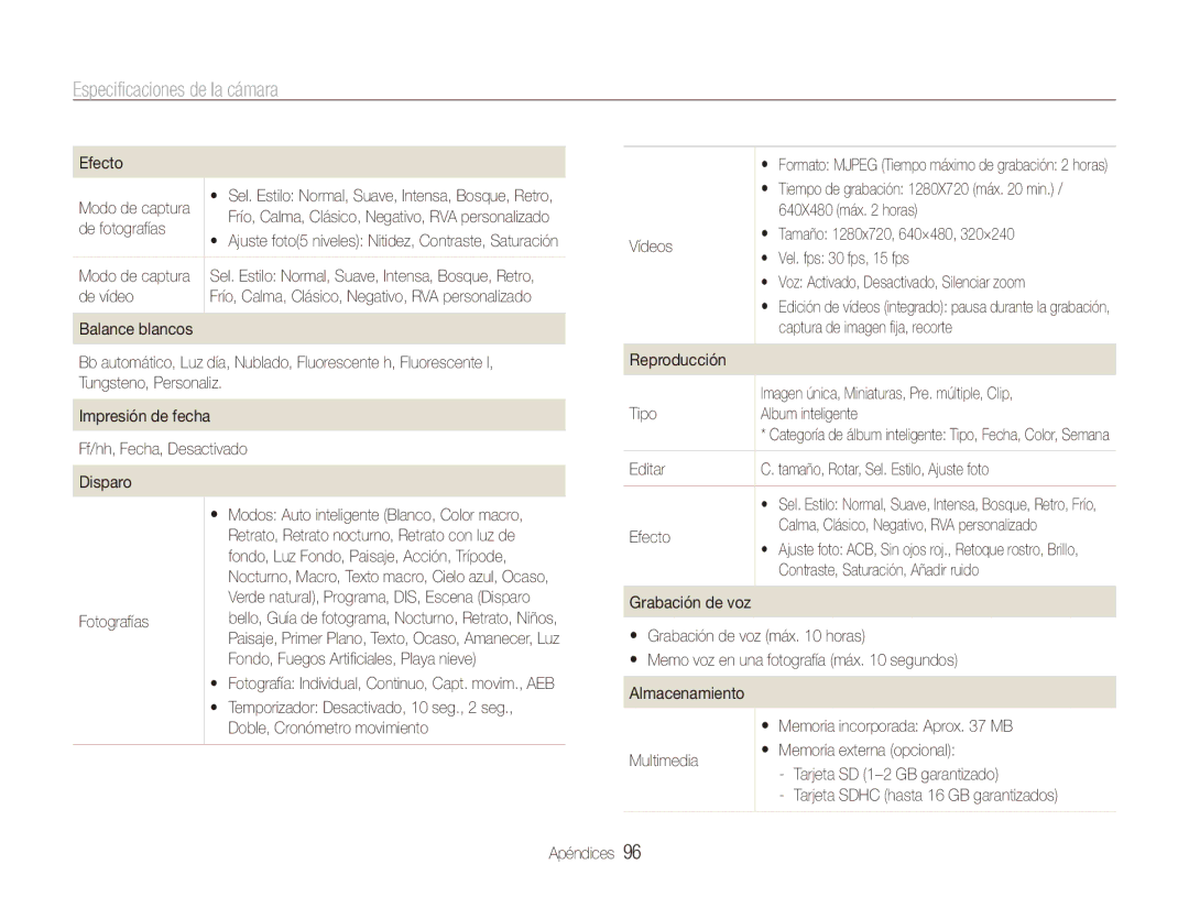 Samsung EC-ES90ZZBPRE1, EC-ES90ZZBPBE1, EC-ES90ZZBPSE1, EC-ES90ZZBPSIL, EC-ES90ZZBPBIL manual Especificaciones de la cámara 