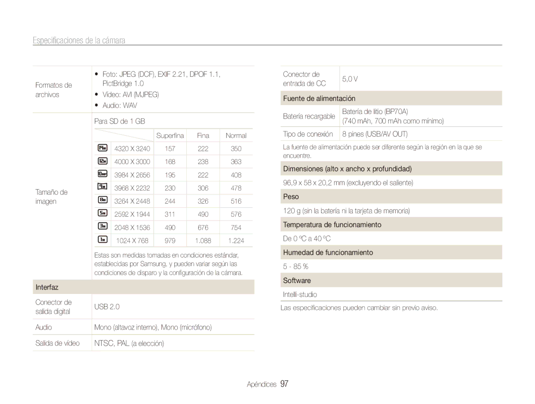 Samsung EC-ES90ZZBPSE1, EC-ES90ZZBPBE1 Audio WAV Para SD de 1 GB, Tamaño de, Interfaz Conector de USB Salida digital Audio 