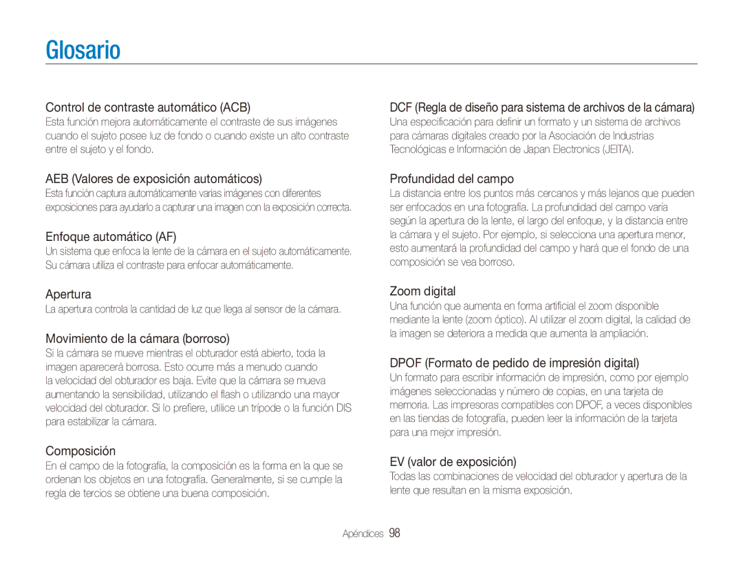 Samsung EC-ES90ZZBPSIL, EC-ES90ZZBPBE1, EC-ES90ZZBPRE1, EC-ES90ZZBPSE1, EC-ES90ZZBPBIL, EC-ES90ZZBPUE1 manual Glosario 