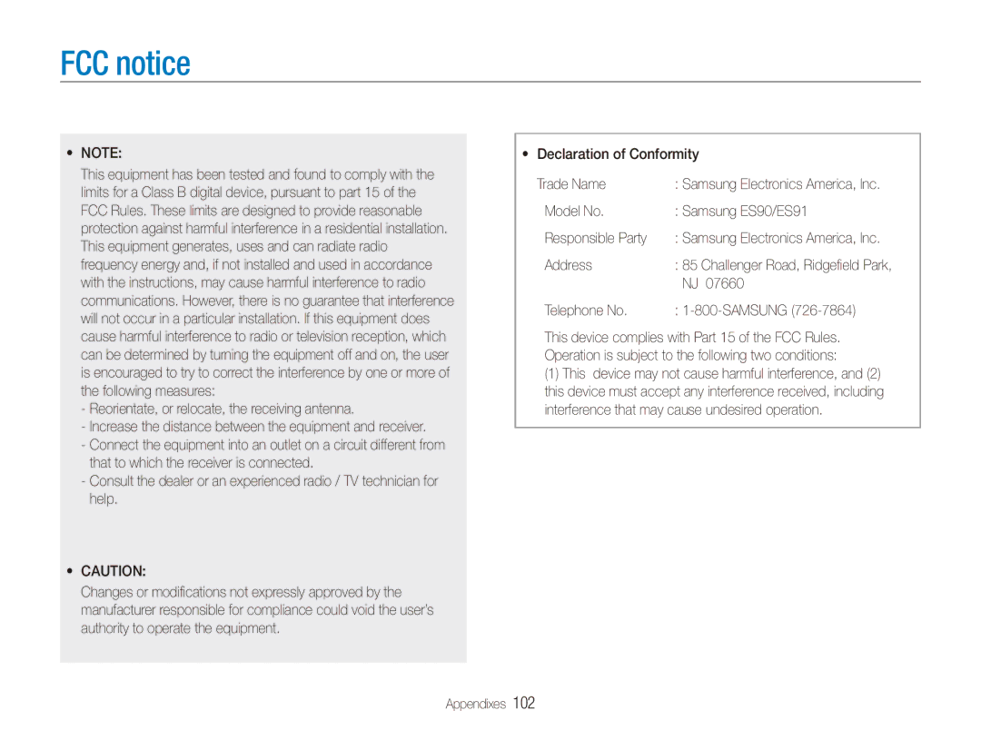 Samsung EC-ES90ZZBPUAE manual FCC notice, Model No Samsung ES90/ES91 Responsible Party, Address, Telephone No Samsung 