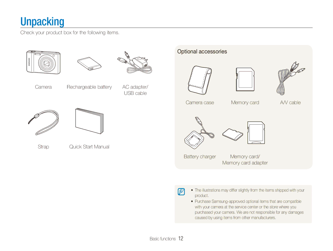 Samsung EC-ES90ZZBPUAE, EC-ES90ZZBPBE1, EC-ES90ZZBPRE1, EC-ES90ZZBPSE1, EC-ES90ZZDPSME manual Unpacking, Optional accessories 