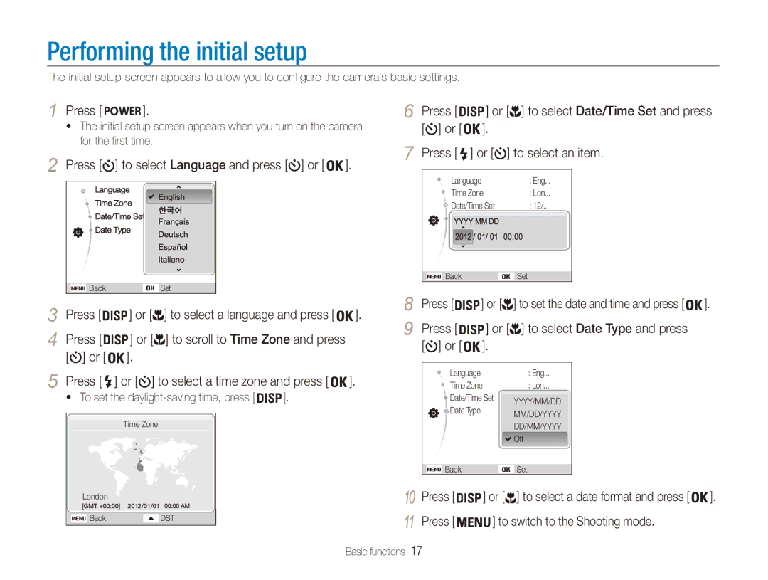 Samsung EC-ES90ZZBPSAE, EC-ES90ZZBPBE1 manual Performing the initial setup, Press to select Language and press or 