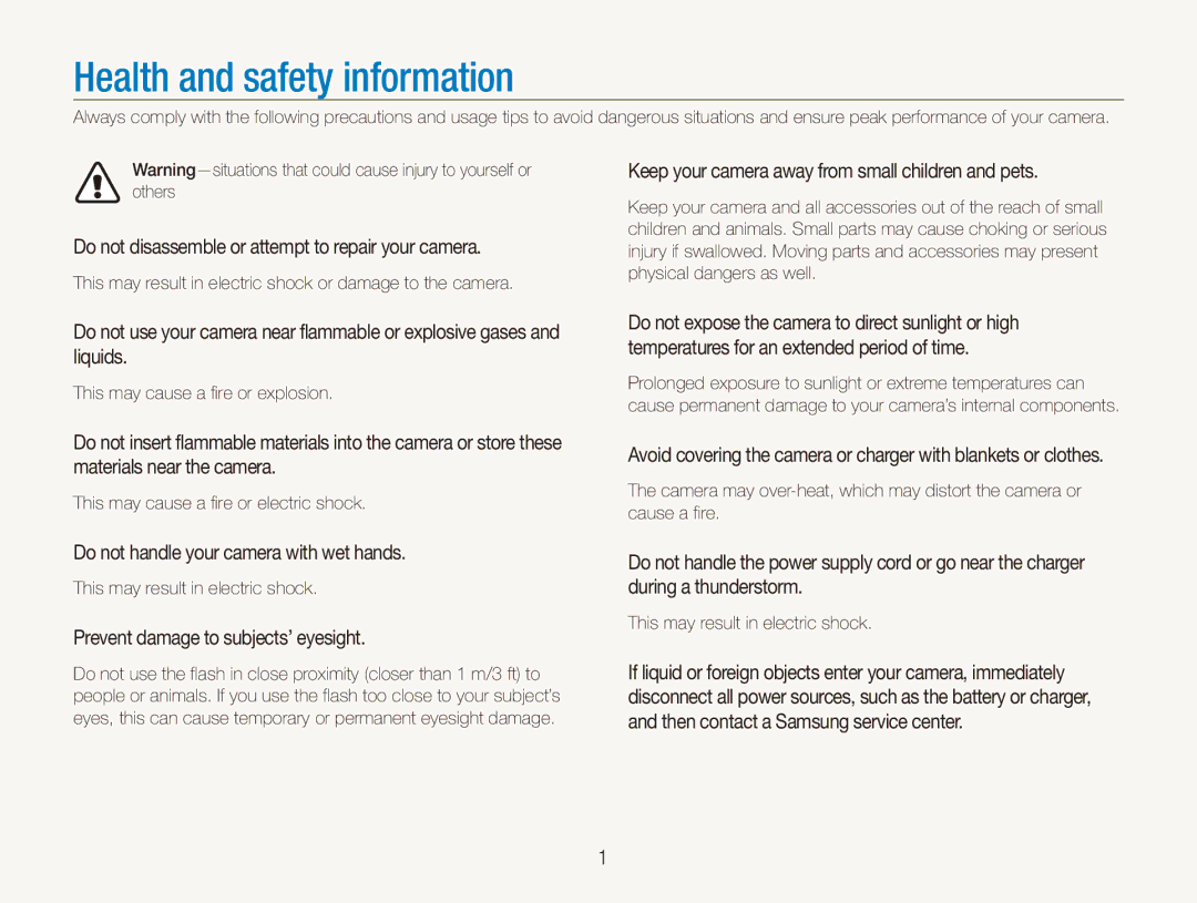 Samsung EC-ES90ZZBPSE1, EC-ES90ZZBPBE1 Health and safety information, Do not disassemble or attempt to repair your camera 