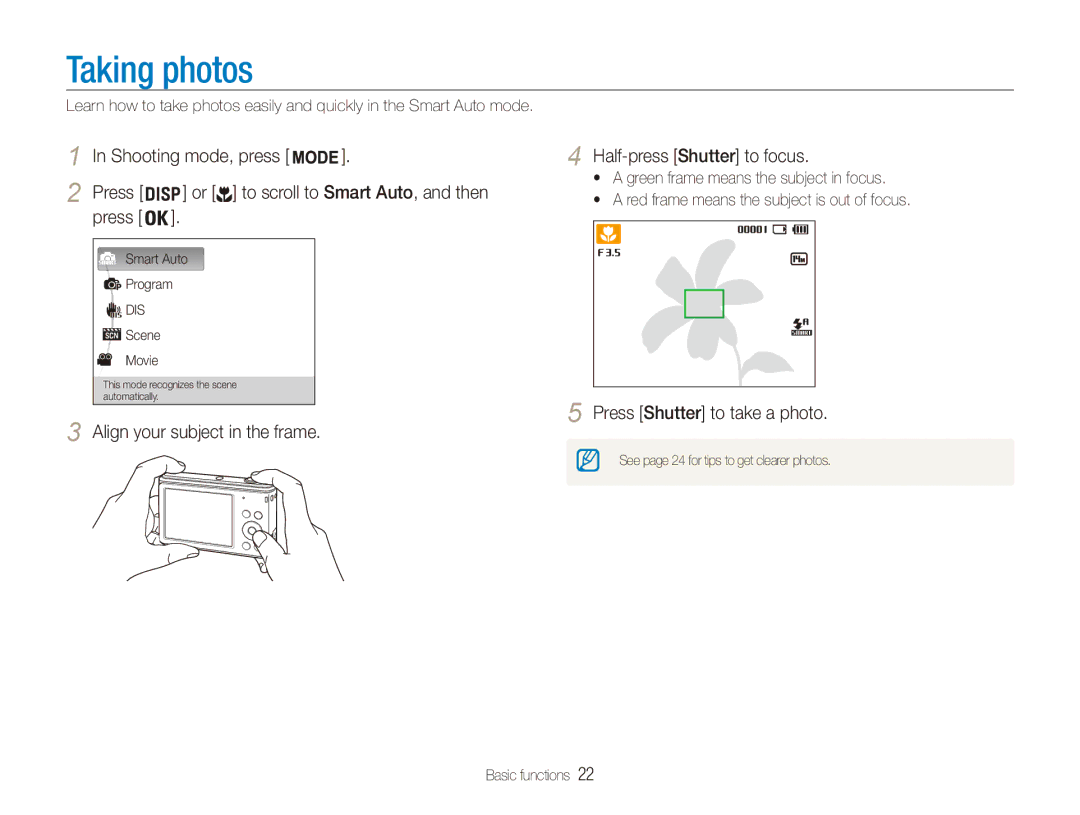 Samsung EC-ES90ZZBDSSA, EC-ES90ZZBPBE1 manual Taking photos, Align your subject in the frame Half-press Shutter to focus 