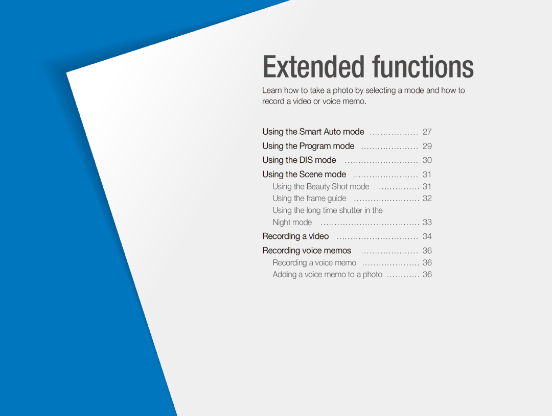 Samsung EC-ES90ZZBPSRU, EC-ES90ZZBPBE1, EC-ES90ZZBPRE1, EC-ES90ZZBPSE1, EC-ES90ZZDPSME, EC-ES90ZZDPUME manual Extended functions 