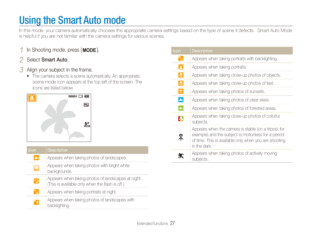 Samsung EC-ES90ZZBDRSA, EC-ES90ZZBPBE1, EC-ES90ZZBPRE1, EC-ES90ZZBPSE1, EC-ES90ZZDPSME manual Using the Smart Auto mode 