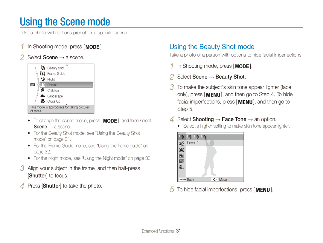 Samsung EC-ES90ZZBDBKE manual Using the Scene mode, Using the Beauty Shot mode, Shooting mode, press Select Scene → a scene 