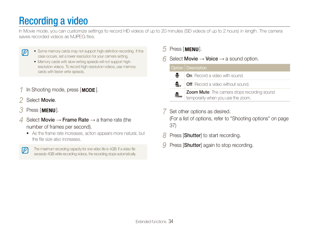 Samsung EC-ES90ZZBDBVN, EC-ES90ZZBPBE1 Recording a video, Press Select Movie → Voice → a sound option, Option Description 