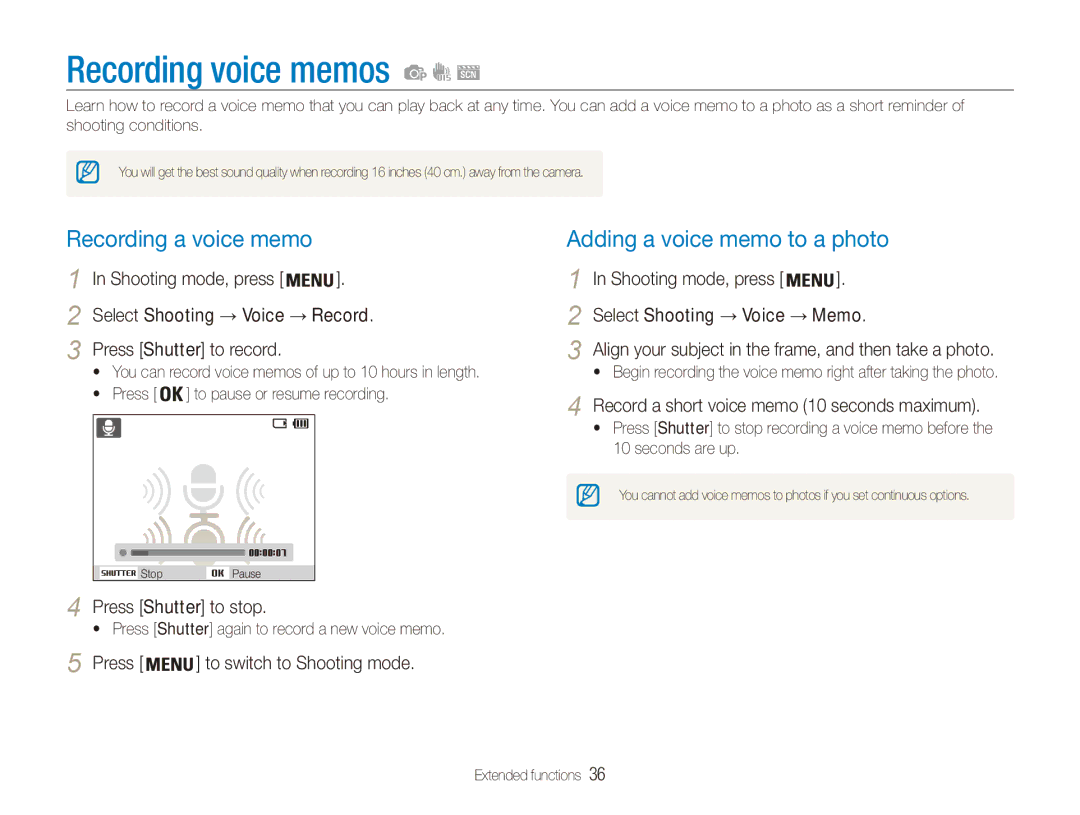 Samsung EC-ES90ZZBPSE3, EC-ES90ZZBPBE1 manual Recording voice memos, Recording a voice memo, Adding a voice memo to a photo 