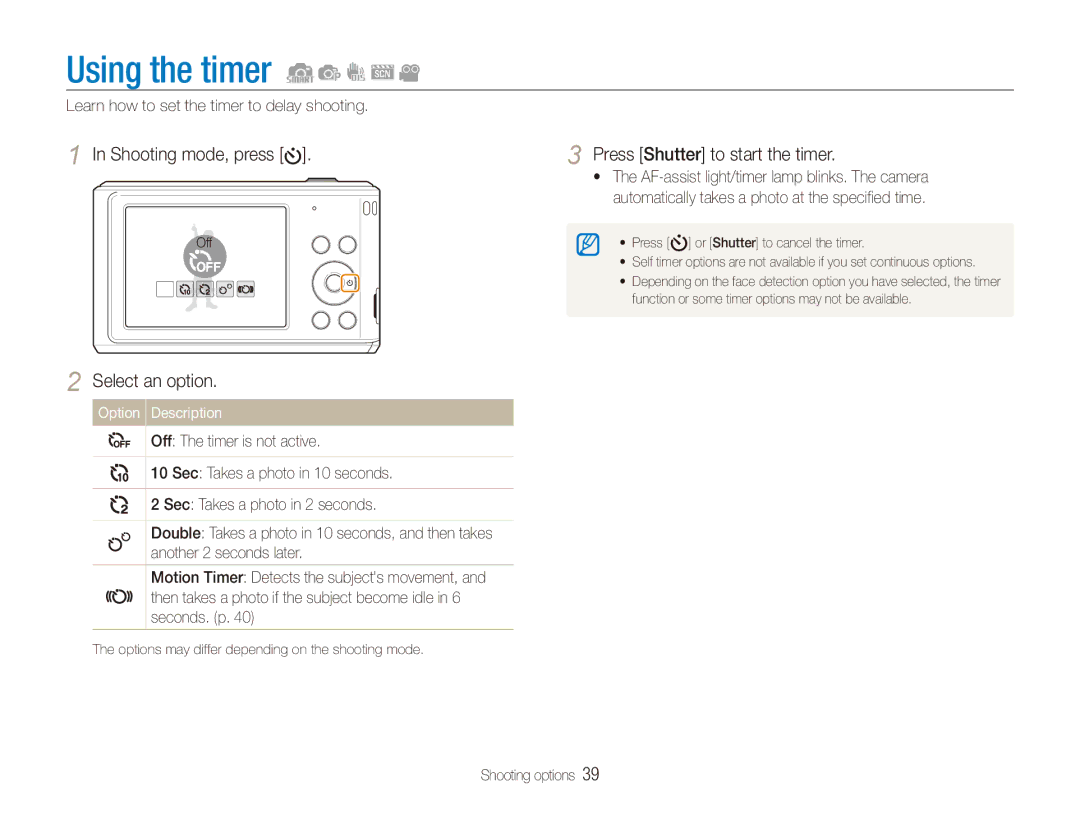 Samsung EC-ES90ZZBPRE2, EC-ES90ZZBPBE1 manual Using the timer, Shooting mode, press, Press Shutter to start the timer 