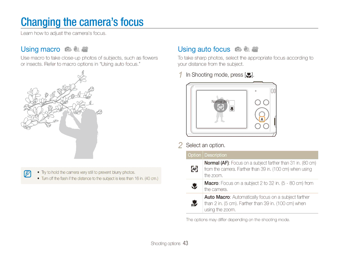 Samsung EC-ES90ZZBPUE3 Changing the camera’s focus, Using macro, Using auto focus, Learn how to adjust the cameras focus 