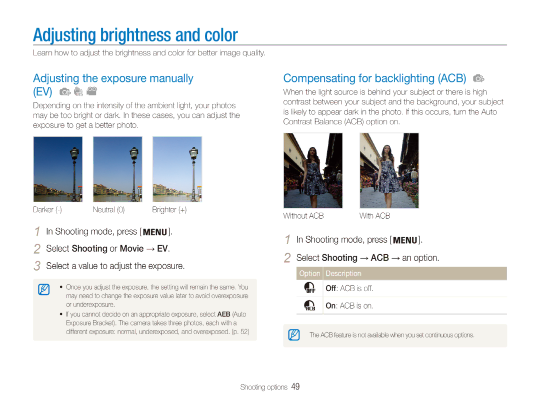 Samsung EC-ES91ZZBCBTR, EC-ES90ZZBPBE1, EC-ES90ZZBPRE1 Adjusting brightness and color, Adjusting the exposure manually EV 