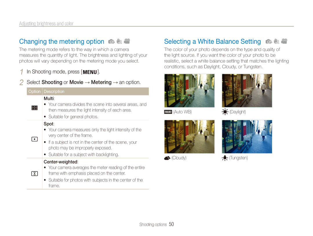 Samsung EC-ES90ZZDPRME Changing the metering option, Selecting a White Balance Setting, Adjusting brightness and color 