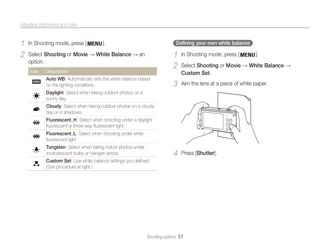 Samsung EC-ES90ZZDPBME, EC-ES90ZZBPBE1, EC-ES90ZZBPRE1, EC-ES90ZZBPSE1, EC-ES90ZZDPSME manual Defining your own white balance 