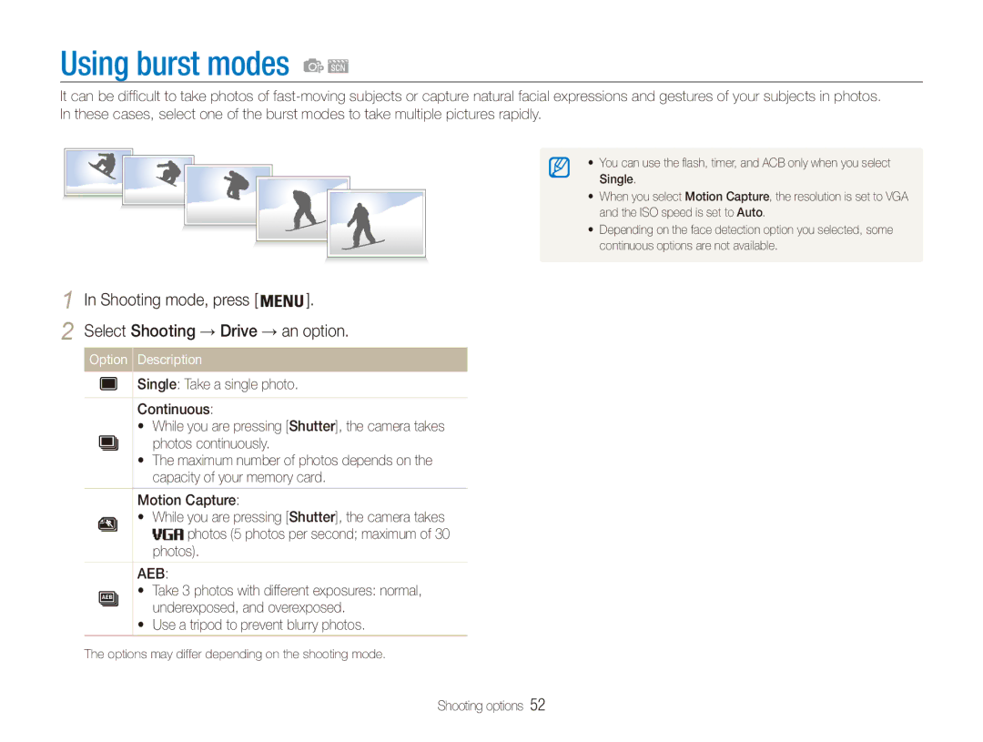 Samsung EC-ES90ZZBPSIL, EC-ES90ZZBPBE1 manual Using burst modes, Shooting mode, press Select Shooting → Drive → an option 