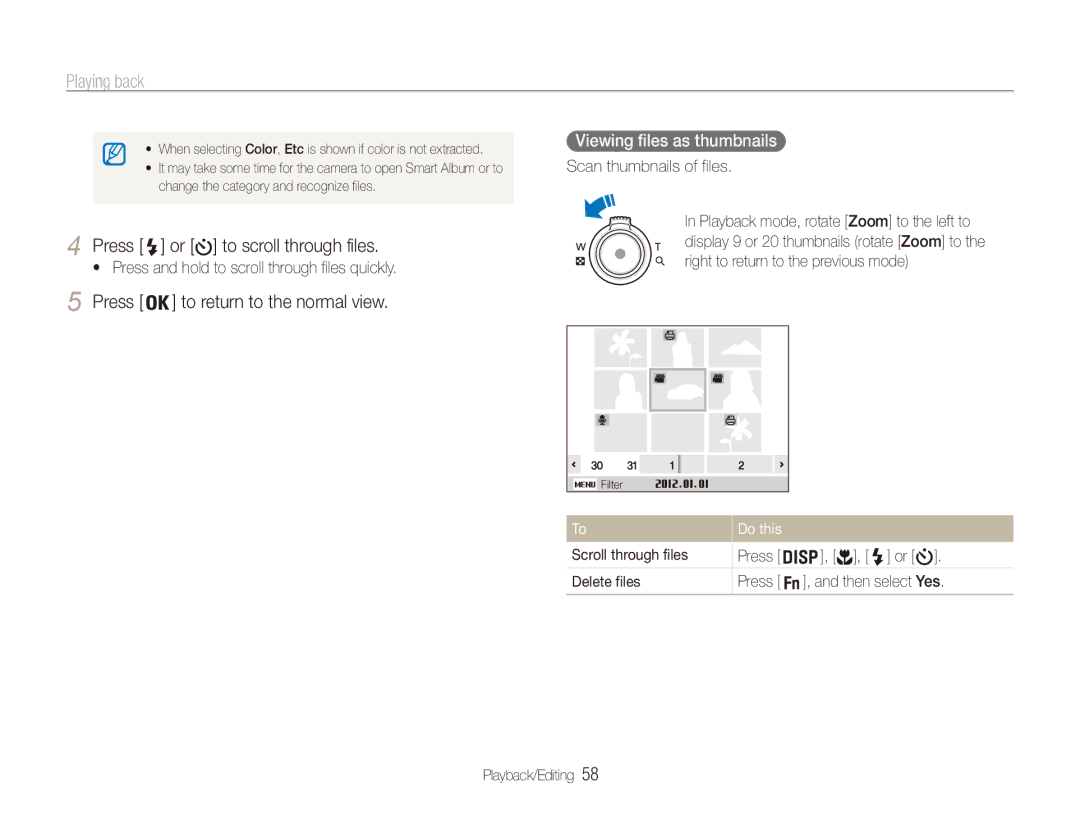 Samsung EC-ES90ZZBDUSA, EC-ES90ZZBPBE1, EC-ES90ZZBPRE1, EC-ES90ZZBPSE1, EC-ES90ZZDPSME manual Viewing files as thumbnails 