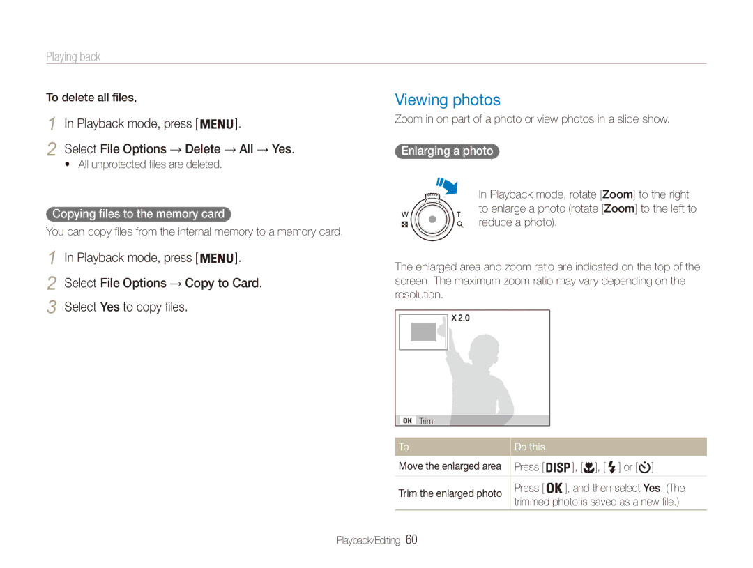 Samsung EC-ES90ZZBPRAE, EC-ES90ZZBPBE1 manual Viewing photos, Copying files to the memory card, Enlarging a photo, Do this 