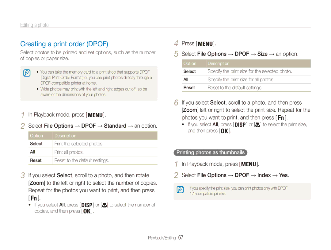 Samsung EC-ES90ZZBDSSA, EC-ES90ZZBPBE1 Creating a print order Dpof, Press Select File Options → Dpof → Size → an option 