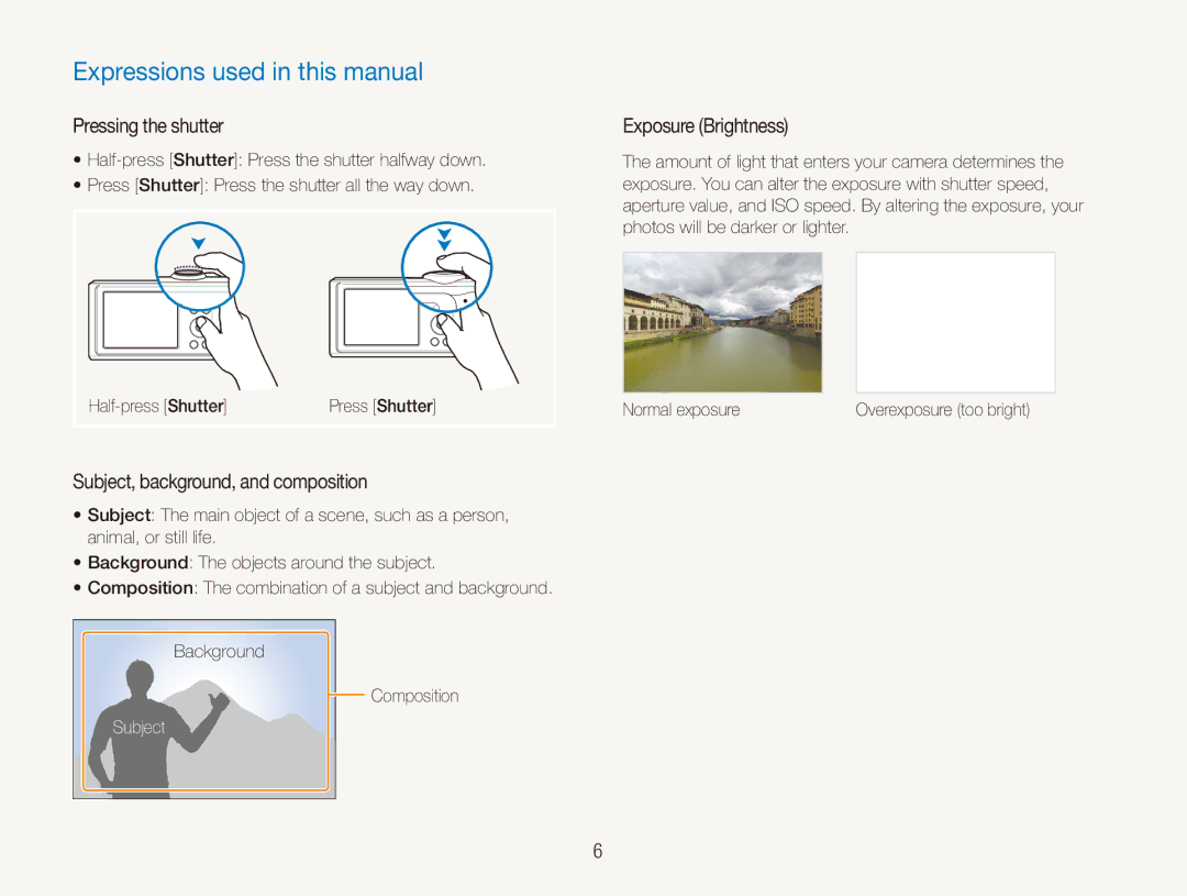Samsung EC-ES90ZZDPBME Expressions used in this manual, Pressing the shutter, Subject, background, and composition 