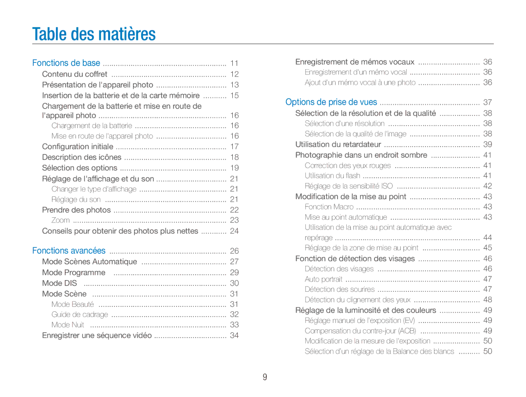 Samsung EC-ES90ZZBPBE1, EC-ES90ZZBPRE1 manual Table des matières, Chargement de la batterie et mise en route de 