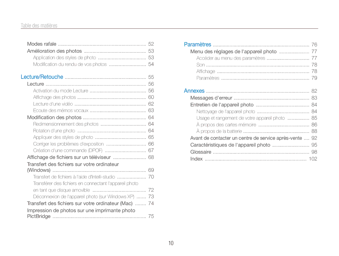 Samsung EC-ES90ZZBPRE1, EC-ES90ZZBPBE1 manual Table﻿ des matières, Transfert des fichiers sur votre ordinateur 