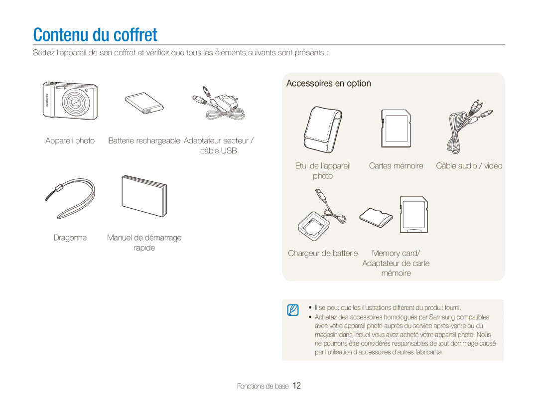 Samsung EC-ES90ZZBPRE1, EC-ES90ZZBPBE1 manual Contenu du coffret, Accessoires en option 