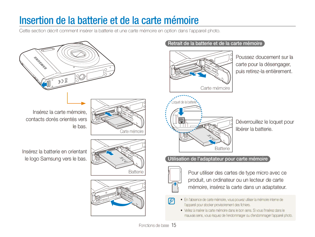 Samsung EC-ES90ZZBPBE1 Insertion de la batterie et de la carte mémoire, Déverrouillez le loquet pour libérer la batterie 