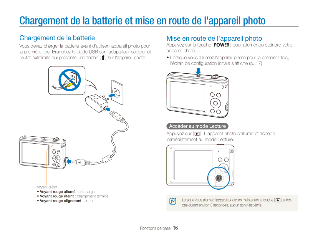 Samsung EC-ES90ZZBPRE1 manual Chargement de la batterie, Mise en route de lappareil photo, Accéder au mode Lecture 