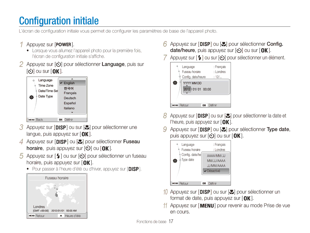 Samsung EC-ES90ZZBPBE1, EC-ES90ZZBPRE1 manual Configuration initiale 