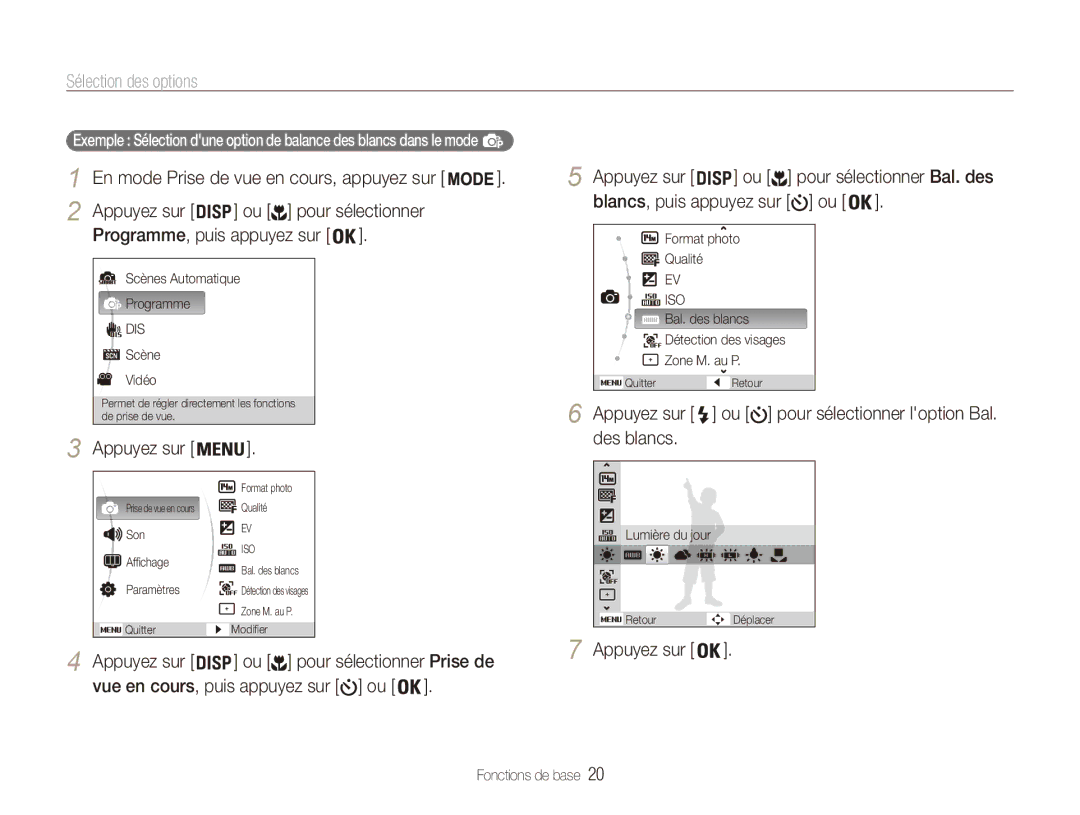 Samsung EC-ES90ZZBPRE1, EC-ES90ZZBPBE1 Sélection des options, Ou pour sélectionner Programme, puis appuyez sur, Des blancs 