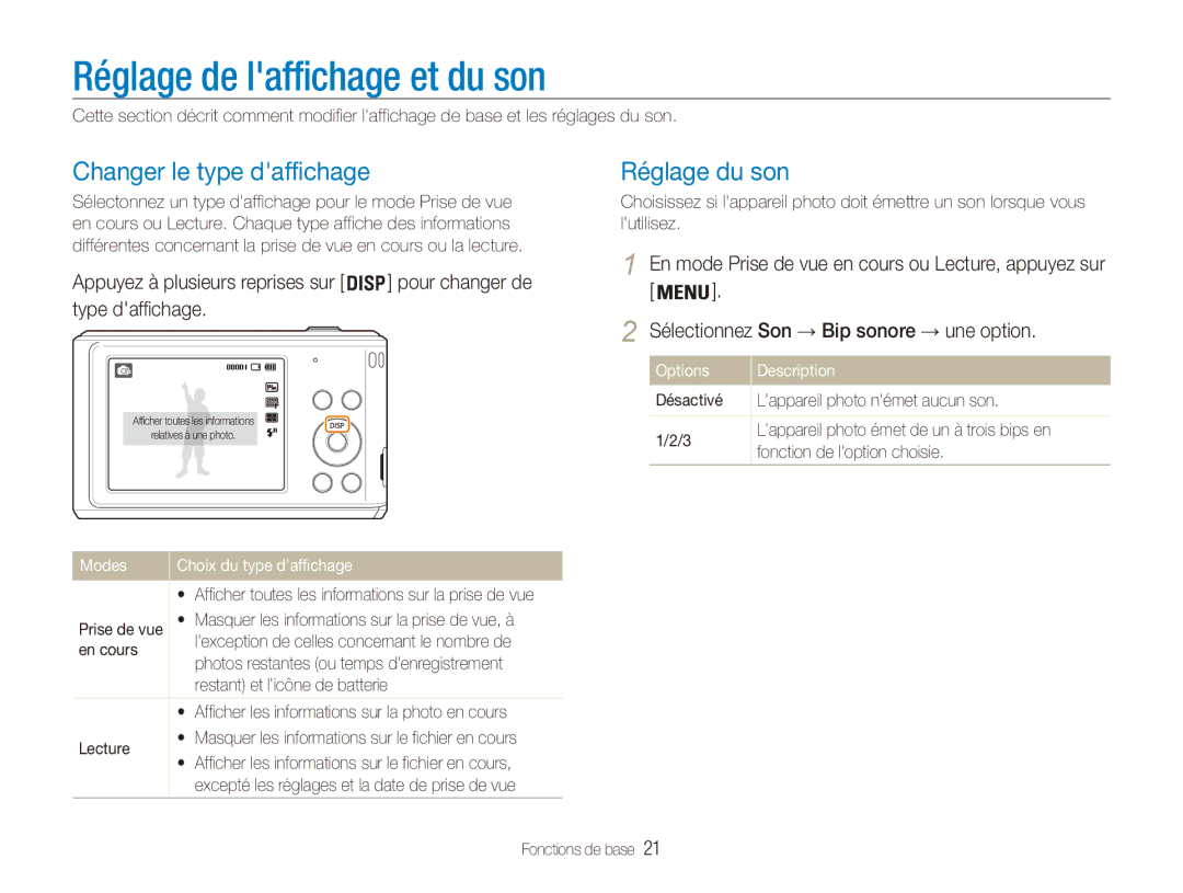 Samsung EC-ES90ZZBPBE1 Réglage de laffichage et du son, Changer le type daffichage, Réglage du son, Options Description 