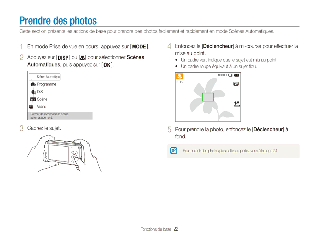 Samsung EC-ES90ZZBPRE1 Prendre des photos, En mode Prise de vue en cours, appuyez sur, Automatiques, puis appuyez sur 