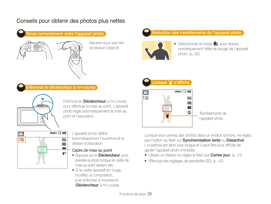 Samsung EC-ES90ZZBPRE1 manual Tenez correctement votre l’appareil photo, Réduction des tremblements de lappareil photo 