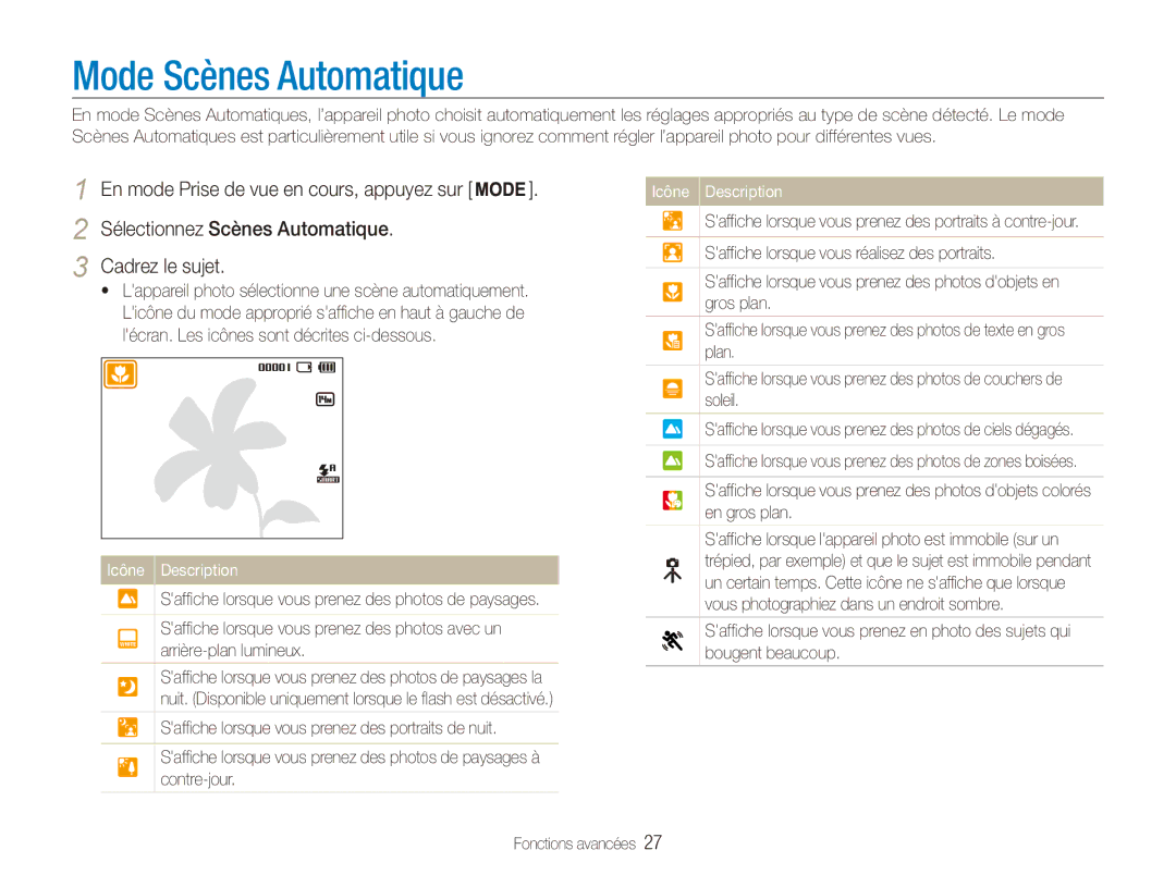 Samsung EC-ES90ZZBPBE1, EC-ES90ZZBPRE1 manual Mode Scènes Automatique, Sélectionnez Scènes Automatique Cadrez le sujet 
