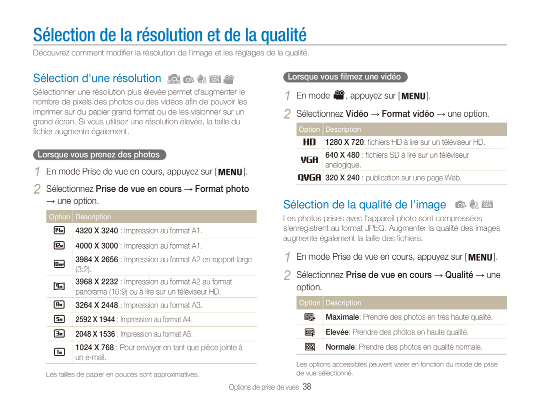 Samsung EC-ES90ZZBPRE1, EC-ES90ZZBPBE1 manual Sélection de la résolution et de la qualité, Sélection dune résolution 