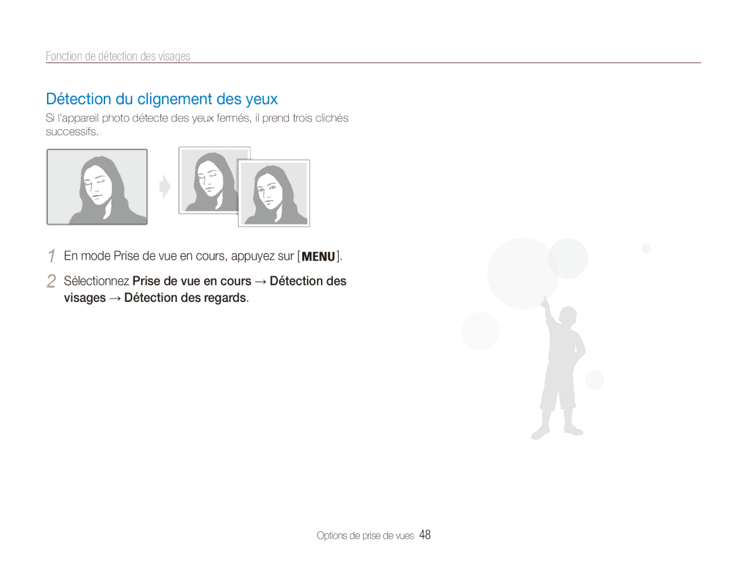 Samsung EC-ES90ZZBPRE1, EC-ES90ZZBPBE1 manual Détection du clignement des yeux, Visages → Détection des regards 