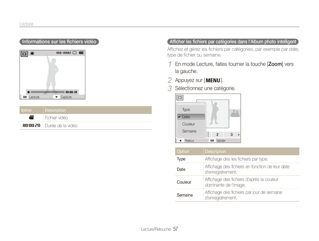 Samsung EC-ES90ZZBPBE1, EC-ES90ZZBPRE1 manual Lecture, Sélectionnez une catégorie, Informations sur les fichiers vidéo 