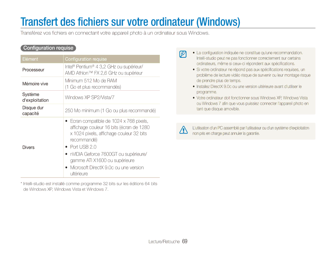 Samsung EC-ES90ZZBPBE1, EC-ES90ZZBPRE1 manual Transfert des fichiers sur votre ordinateur Windows, Configuration requise 