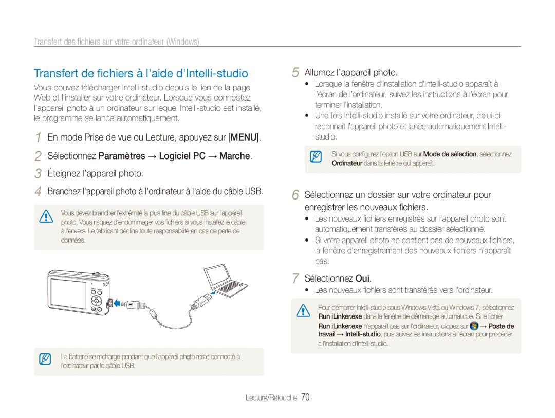 Samsung EC-ES90ZZBPRE1 Transfert de fichiers à laide dIntelli-studio, Transfert des fichiers sur votre ordinateur Windows 