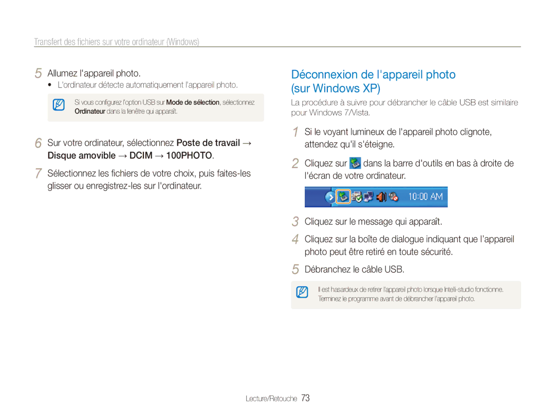 Samsung EC-ES90ZZBPBE1, EC-ES90ZZBPRE1 manual Déconnexion de lappareil photo sur Windows XP 