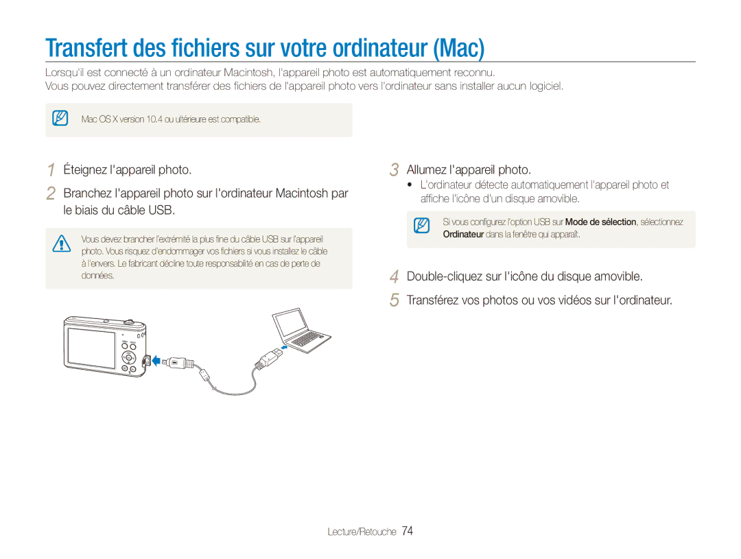 Samsung EC-ES90ZZBPRE1, EC-ES90ZZBPBE1 manual Transfert des fichiers sur votre ordinateur Mac 