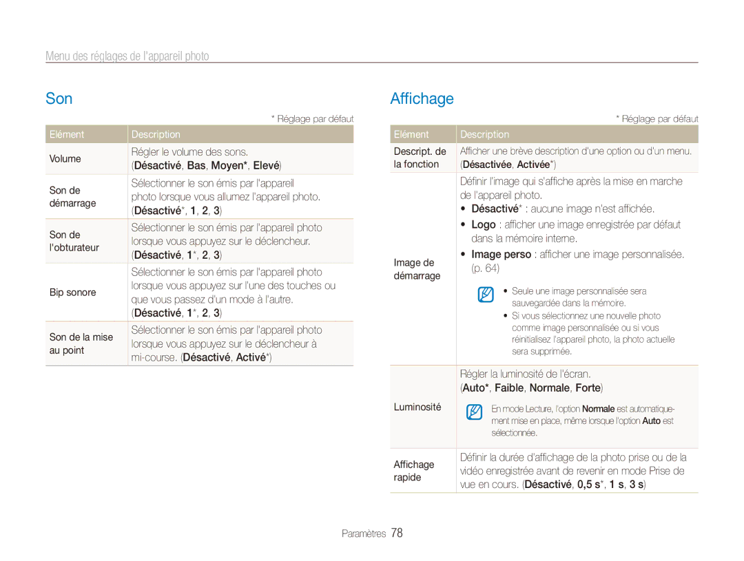 Samsung EC-ES90ZZBPRE1, EC-ES90ZZBPBE1 manual Son, Affichage, Menu des réglages de lappareil photo, Elément Description 