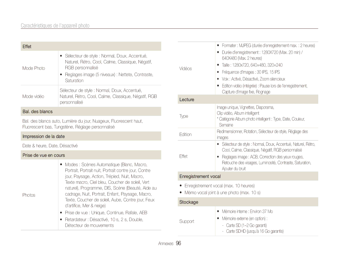 Samsung EC-ES90ZZBPRE1, EC-ES90ZZBPBE1 manual Caractéristiques de lappareil photo 