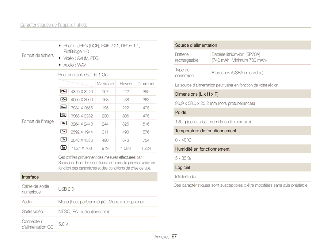 Samsung EC-ES90ZZBPBE1 Source dalimentation, PictBridge, Batterie Batterie lithium-ion BP70A, Connexion, Poids, 40 ˚C 